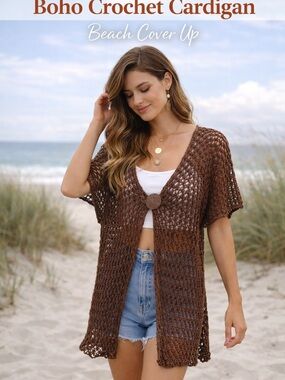 Pure Handknit Brown Crochet Cardigan Boho Cotton Open Knit Cover Up M/L